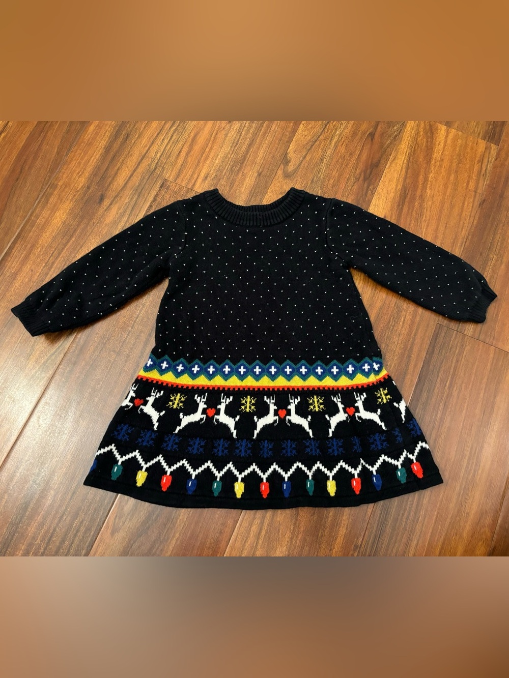 HannaAndersson Black Polka Dot Winter Holiday Reindeer LongSleeve Sweater Dress
